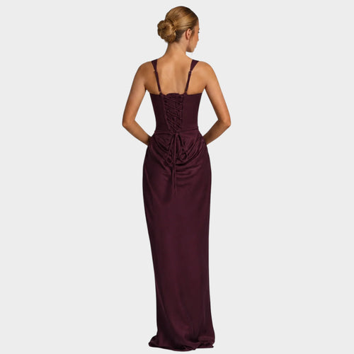 Women’s Corset Maxi Dress with Square Neckline, Draped Skirt and Lace-Up Back