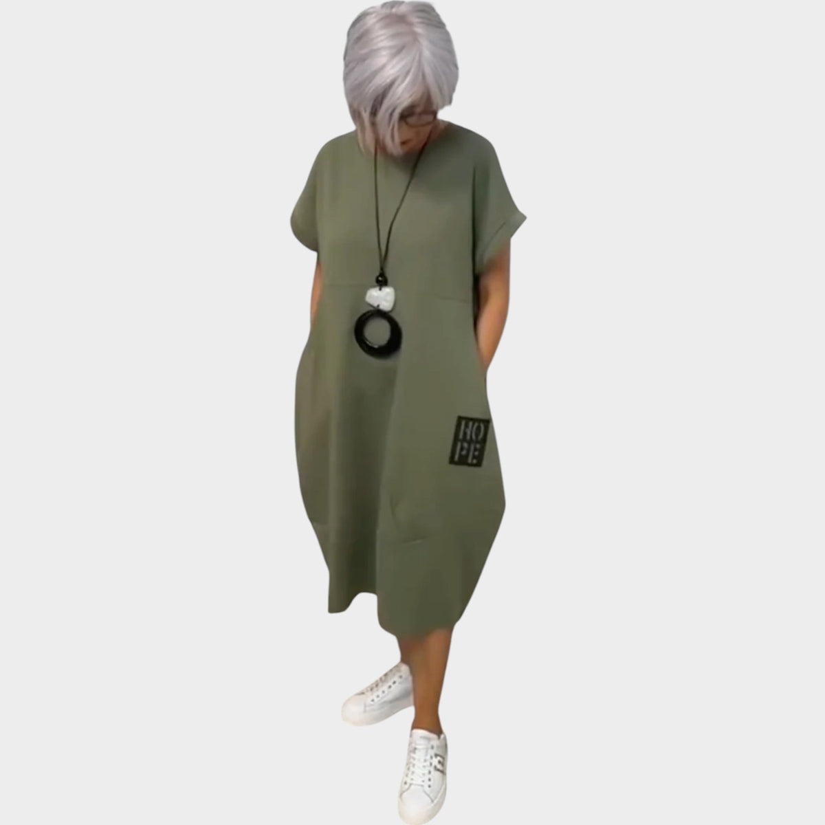 Women’s Loose Midi Dress Round Neck Short Sleeves Side Pockets Letter Print