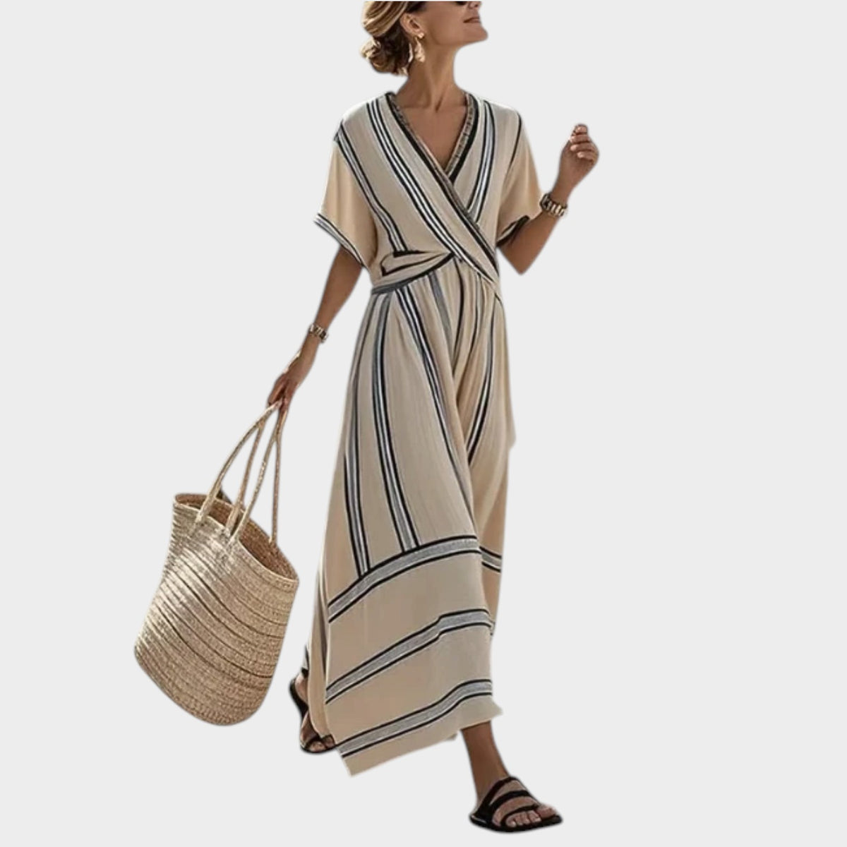 Women’s Striped Wrap Midi Dress with V-Neck