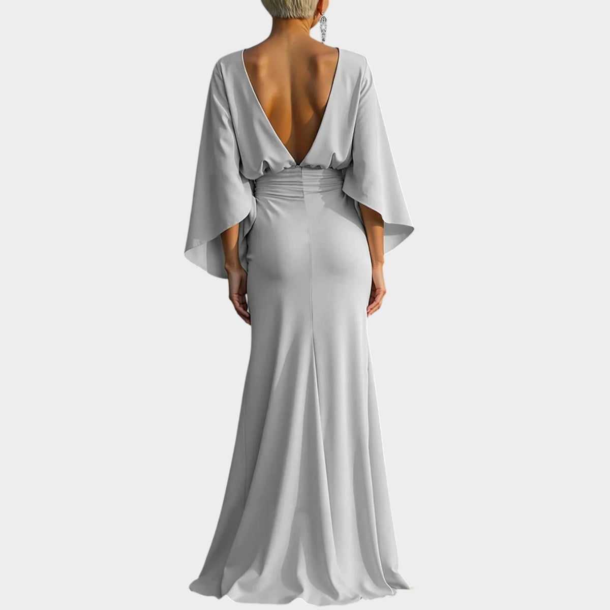 Women’s Maxi Dress with Boat Neckline, Cape Sleeves and Ruched Waist