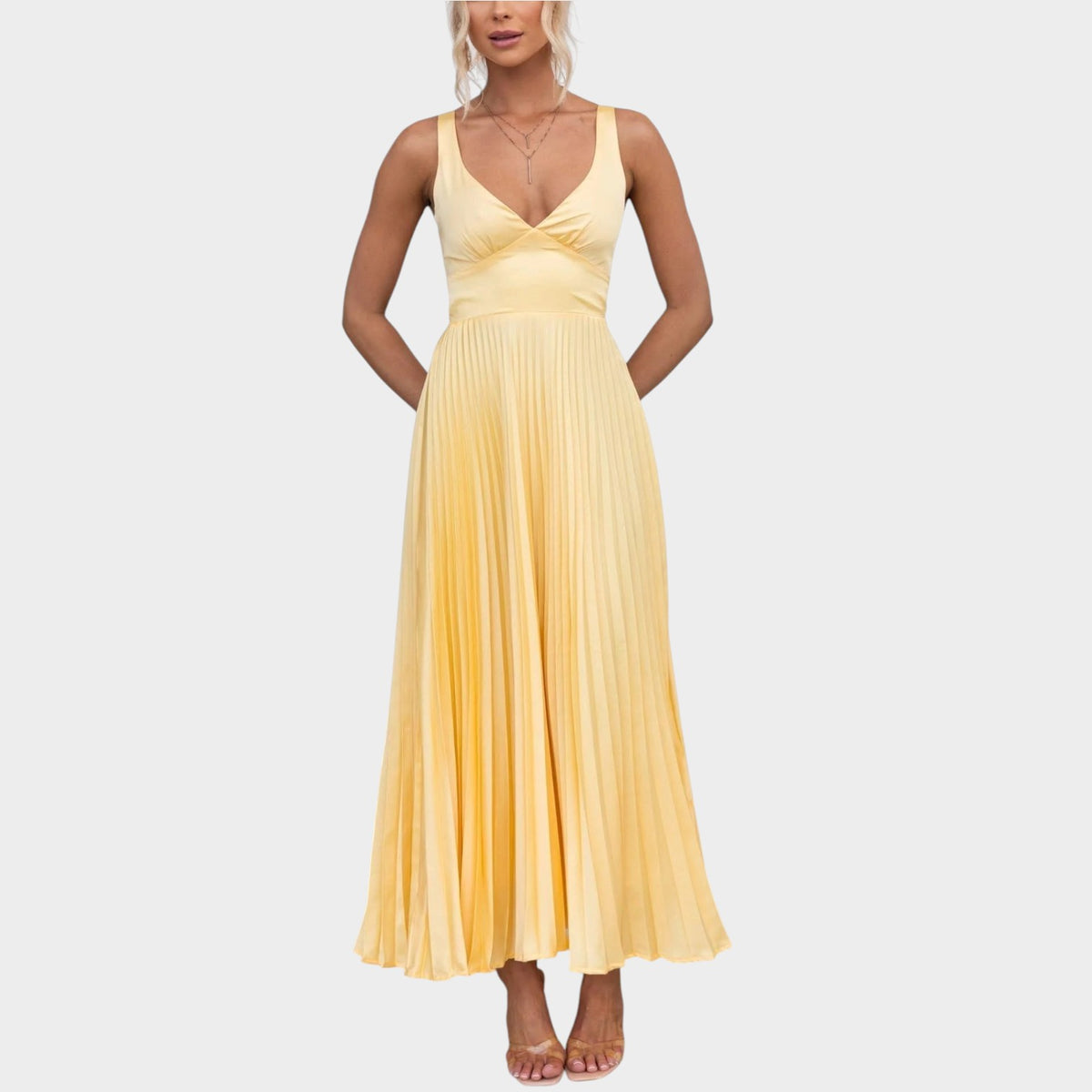 Women’s Pleated Maxi Dress with V-Neck and Cross-Back Straps