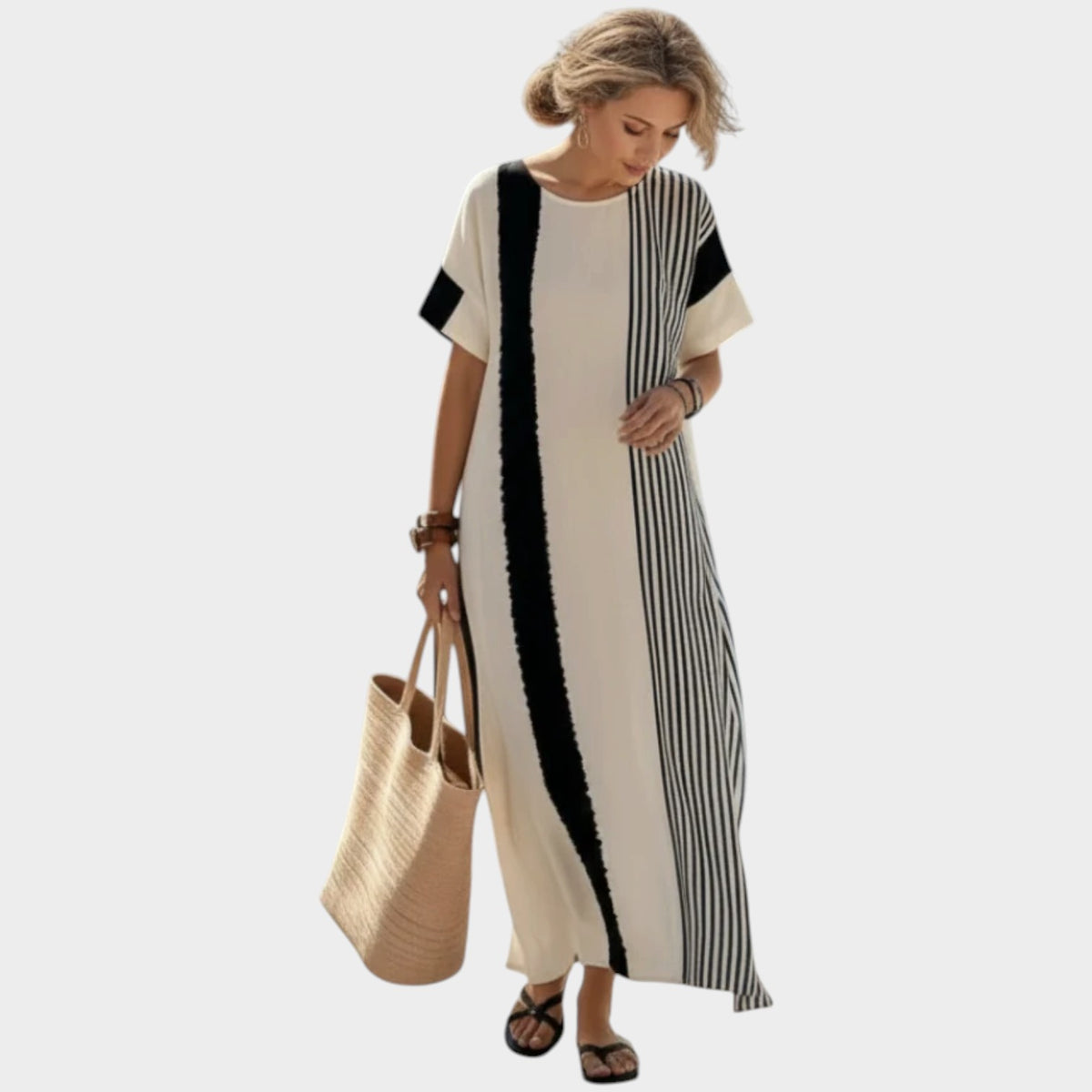 Women’s Striped Maxi Dress with Short Sleeves and Relaxed Fit