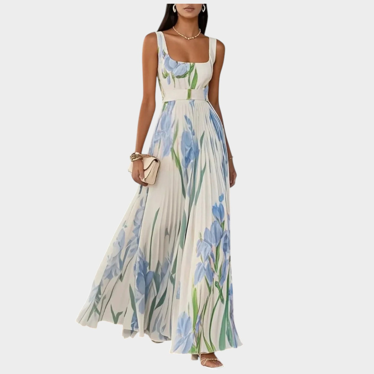 Women’s Floral Pleated Maxi Dress with Square Neckline and Wide Straps