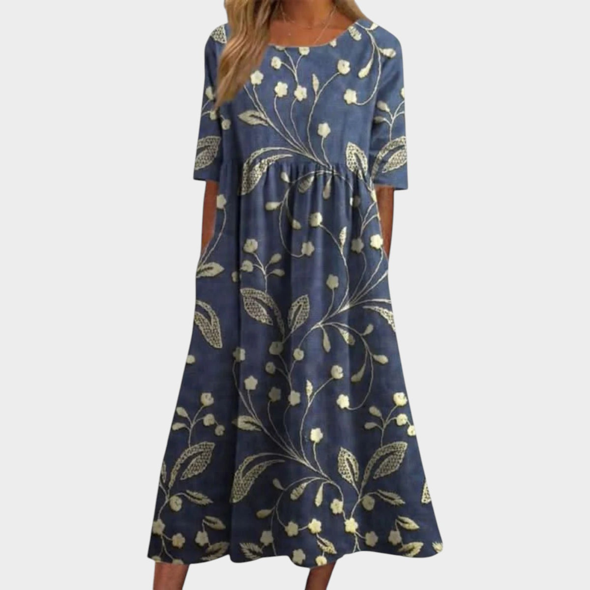 Women’s Floral Midi Dress with Round Neck and Three-Quarter Sleeves
