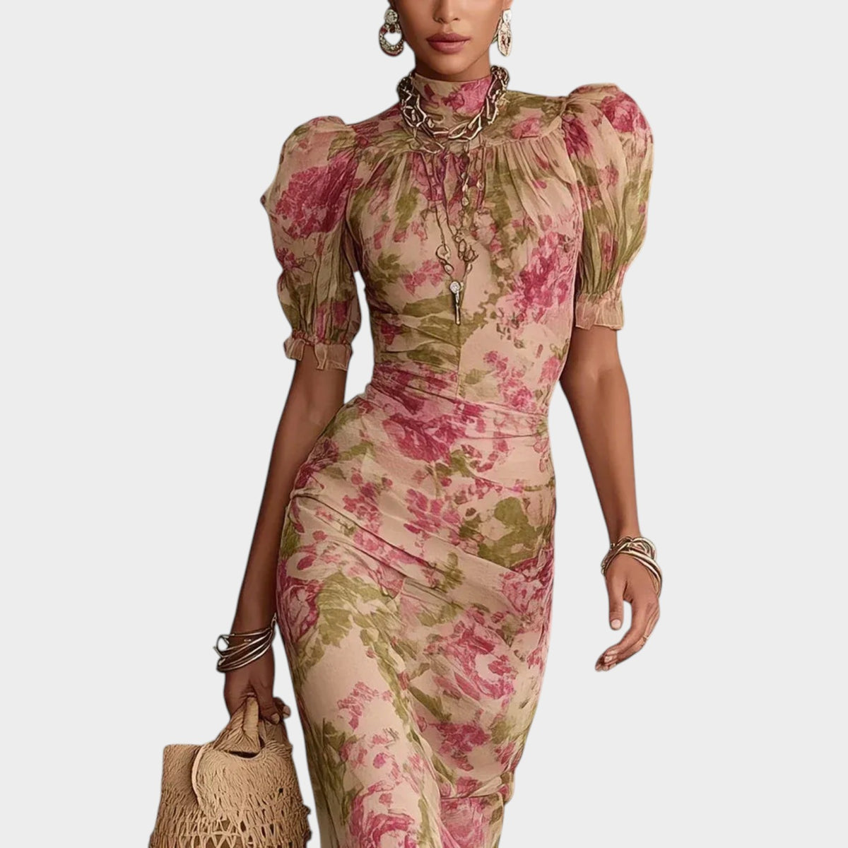 Women’s Floral Print Maxi Dress with Puff Sleeves, High Neck and Ruffle Hem