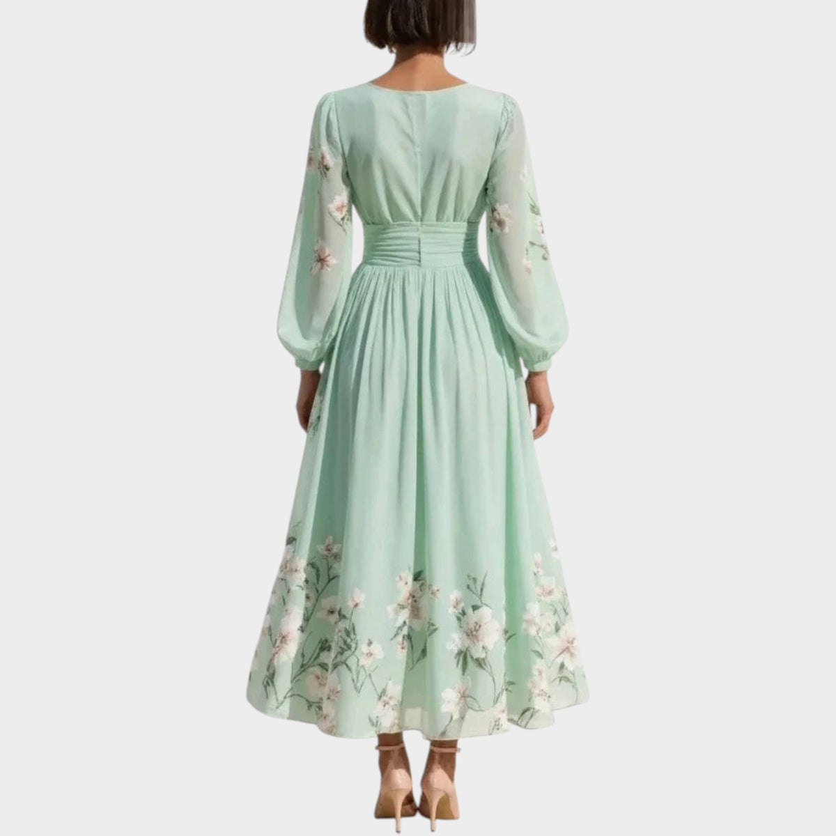 Women’s Floral Midi Dress with V-Neck and Long Sleeves