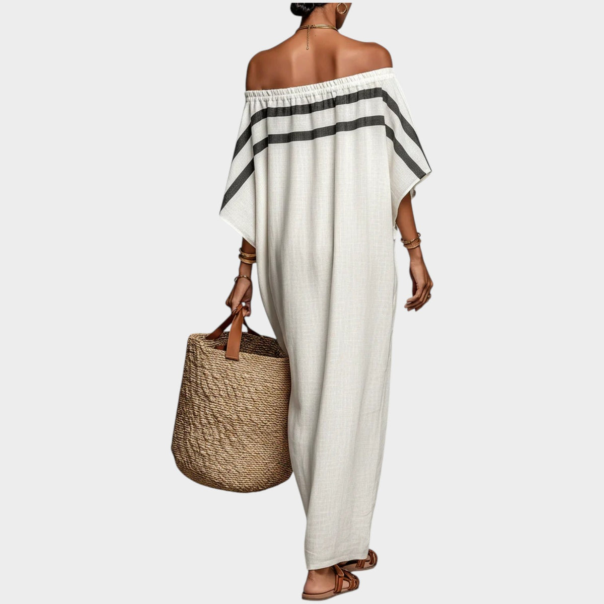 Women’s Off-Shoulder Maxi Dress with Batwing Sleeves and Striped Detail
