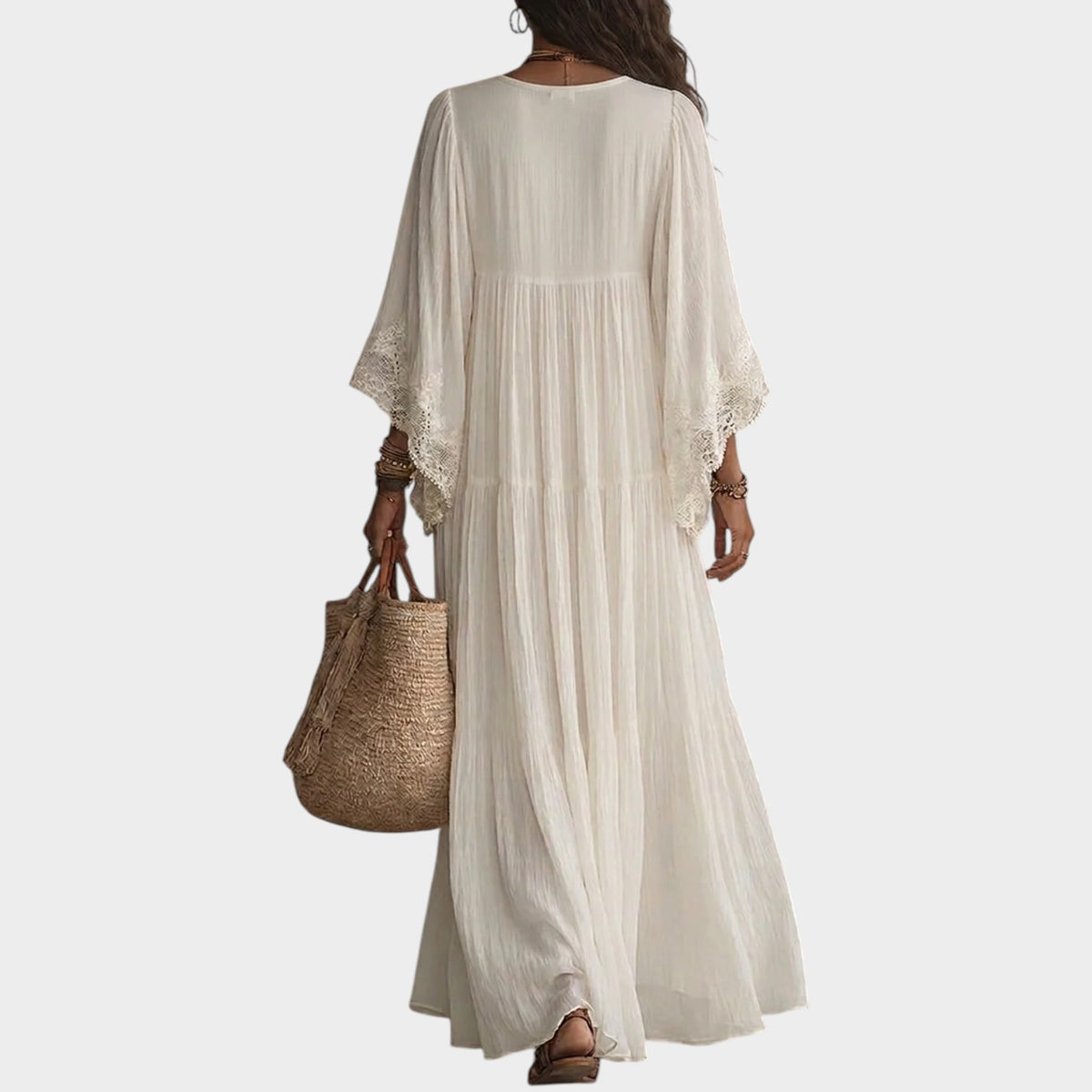 Women’s Ivory Maxi Dress with Lace V-Neck and Wide Sleeves