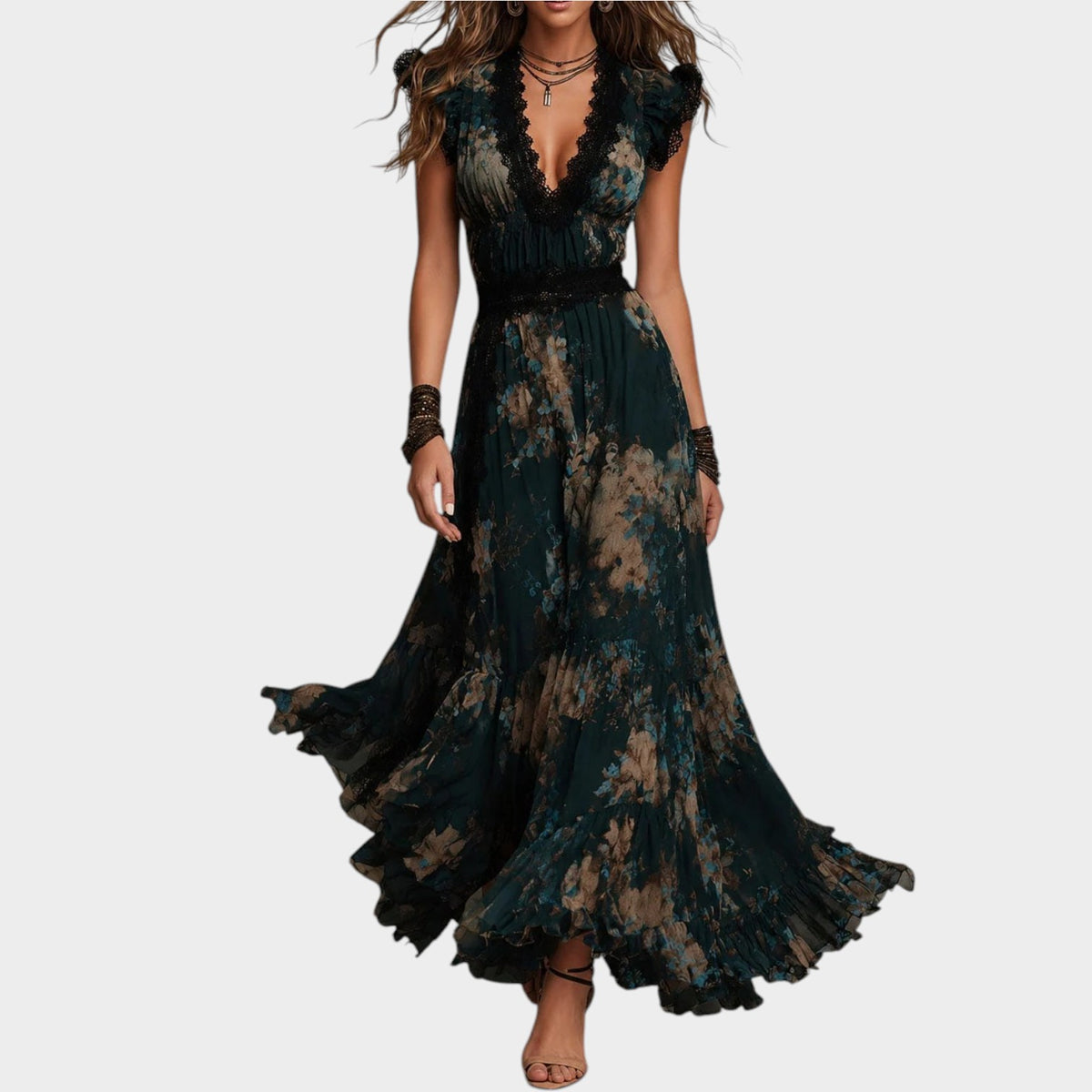 Women’s Dark Floral Maxi Dress with Lace Trim, Ruffle Sleeves and Tiered Skirt
