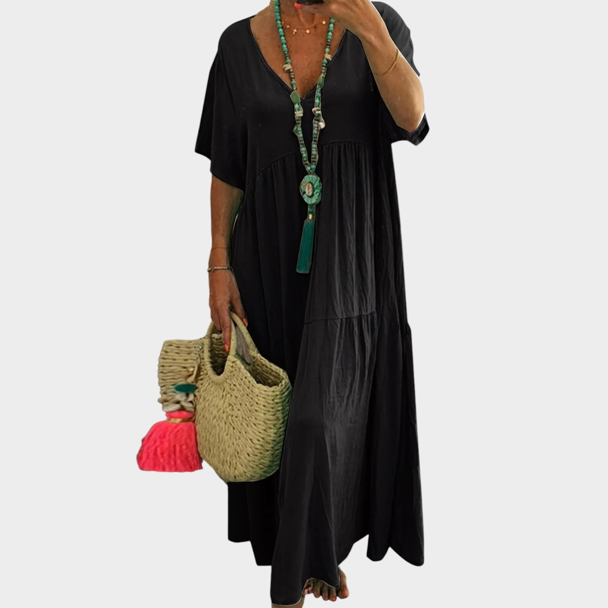 Women's Plus Size Maxi Dress with Short Sleeves and Layered Ruffle Hem