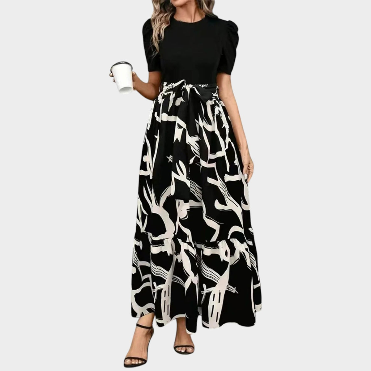 Women’s Tie-Waist Maxi Dress with Puff Sleeves and Abstract Print