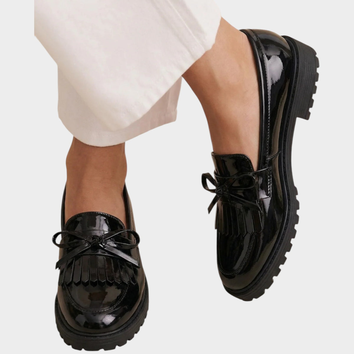 Women’s Patent Loafers Bow Fringe Detail Chunky Sole