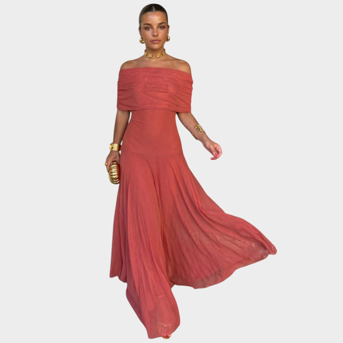 Women’s Off-Shoulder Maxi Dress with Draped Neckline and Flowing Skirt