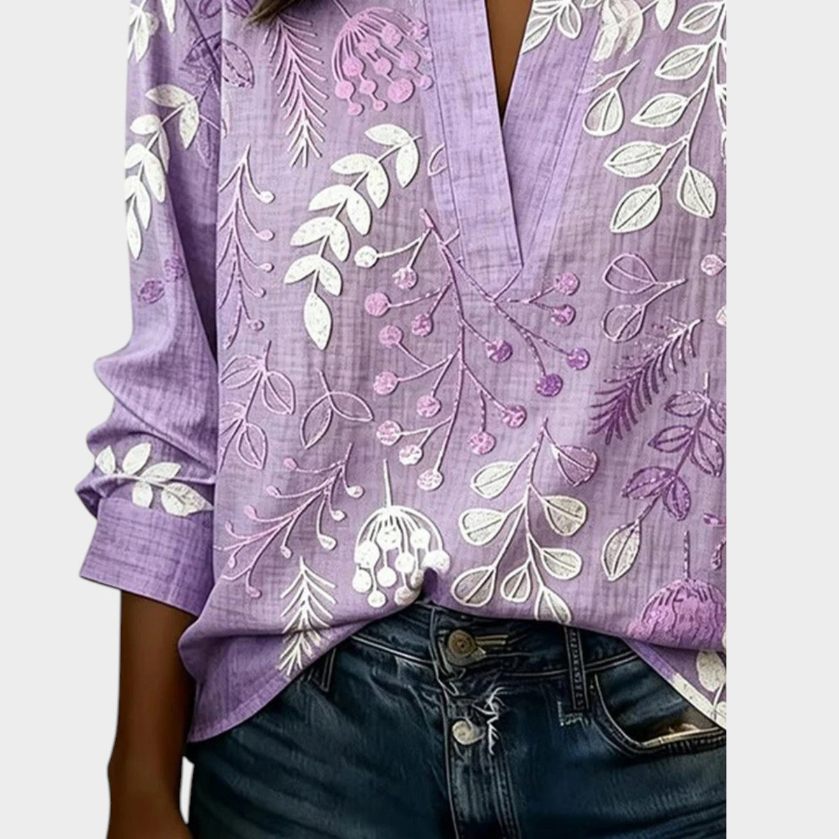 Women’s Floral Blouse with V-Neck and Long Sleeves