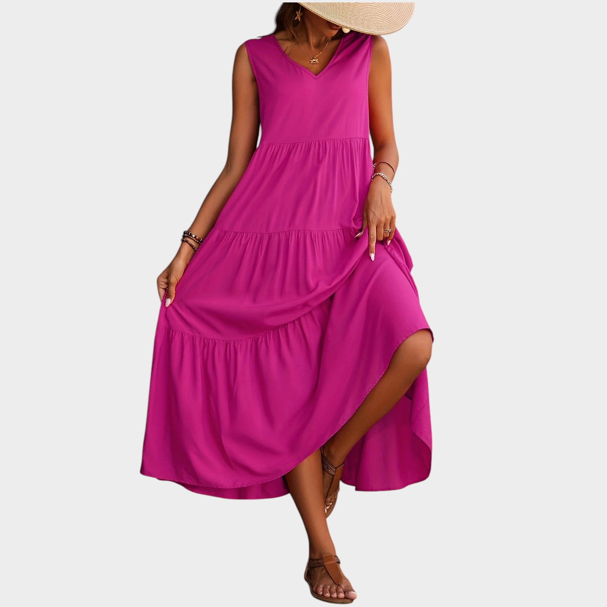Women’s V-Neck Maxi Dress with Sleeveless Design and Tiered Skirt