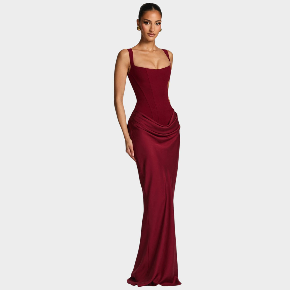 Women’s Sleeveless Maxi Evening Dress with Square Neckline and Draped Skirt
