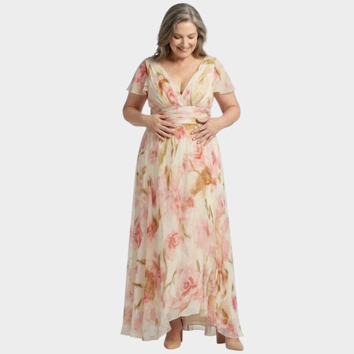 Women’s Floral Maxi Dress with V-Neck, Flutter Sleeves and Defined Waist