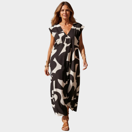 Women’s Abstract Print Maxi Dress with V-Neck and Short Sleeves