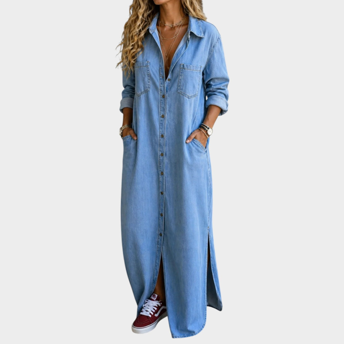 Women’s Denim Shirt Maxi Dress with Button-Down Front and Side Pockets
