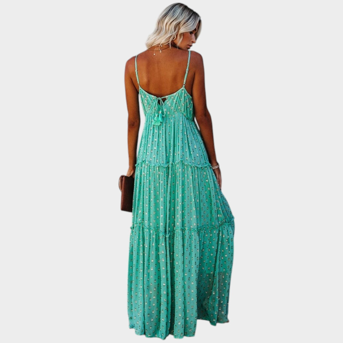 Women’s Floral Maxi Dress with V-Neck, Spaghetti Straps and Tiered Skirt