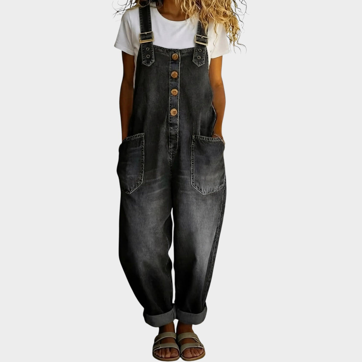 Women’s Denim Dungarees Wide-Leg Adjustable Buckle Straps