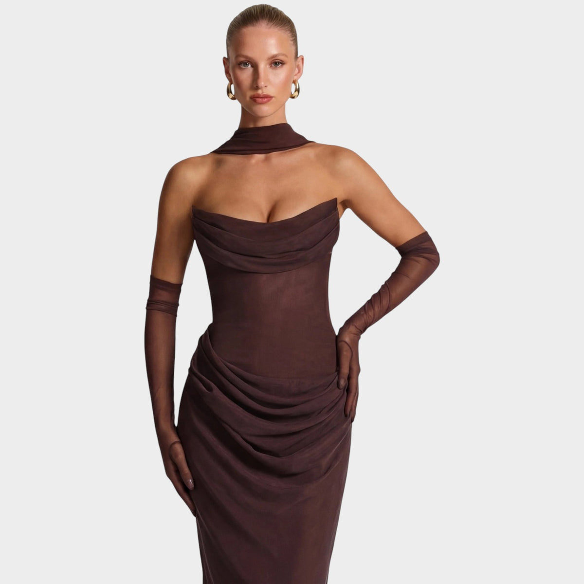 Women’s Draped Maxi Evening Dress with Strapless Neckline and Matching Scarf Detail