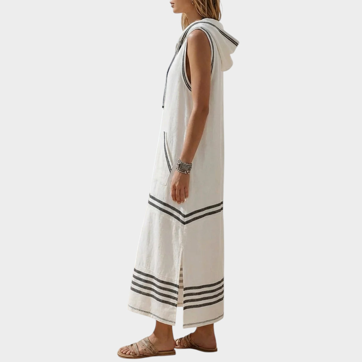 Women’s Striped Maxi Dress with Sleeveless Hooded Design and Side Pockets