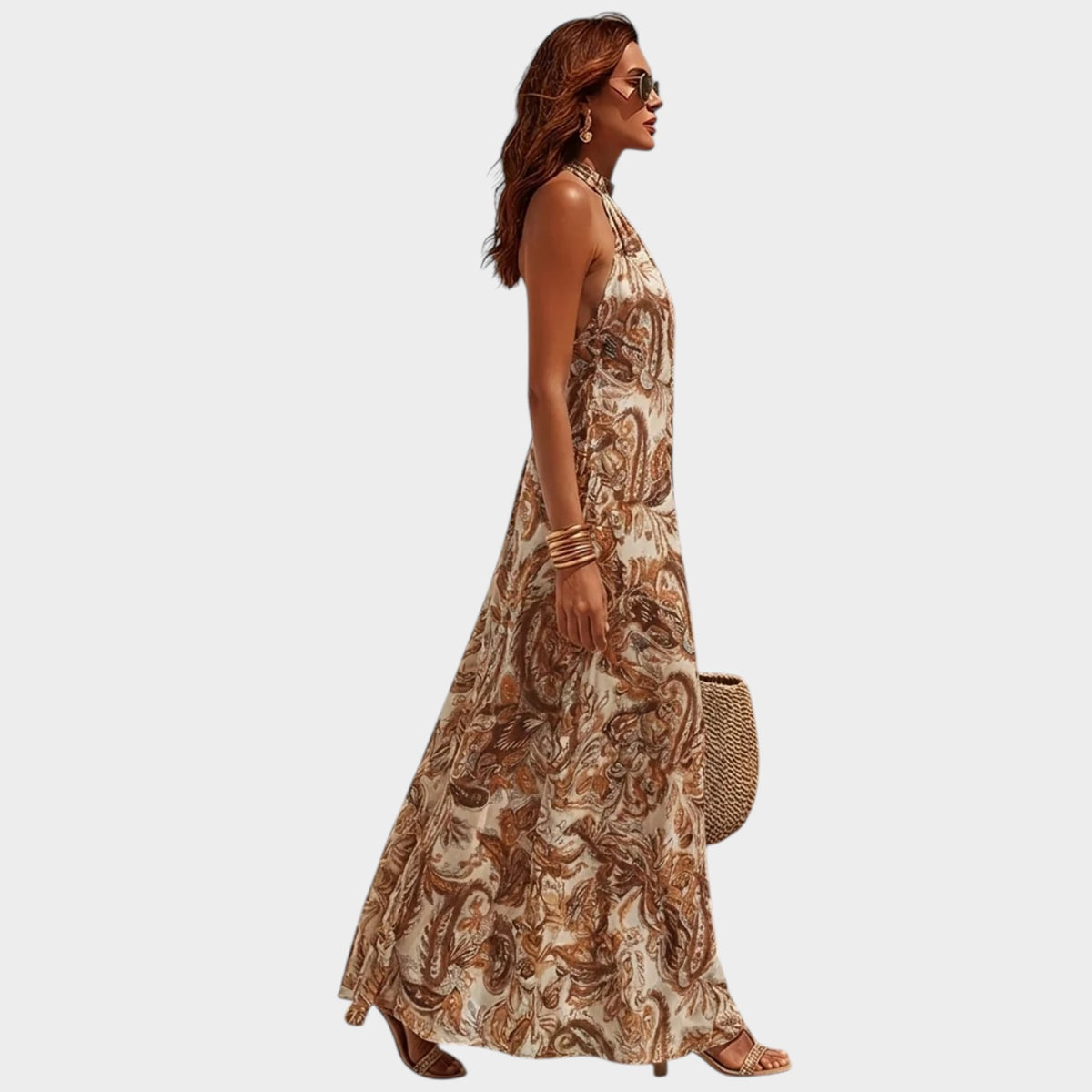 Women’s Sleeveless Paisley Print Maxi Dress with Halter Neckline