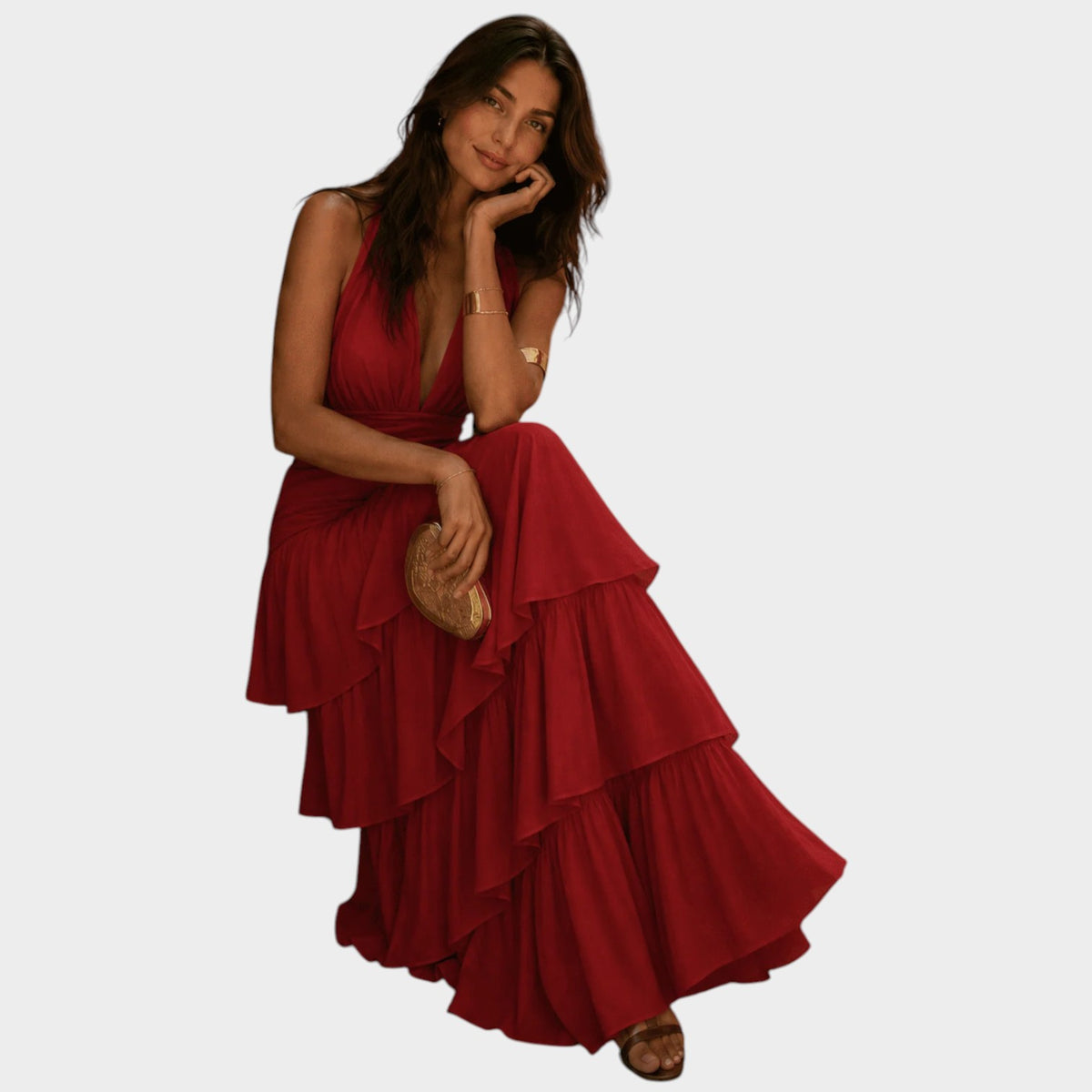 Women’s Maxi Dress Halter Neck Tiered Ruffle Skirt