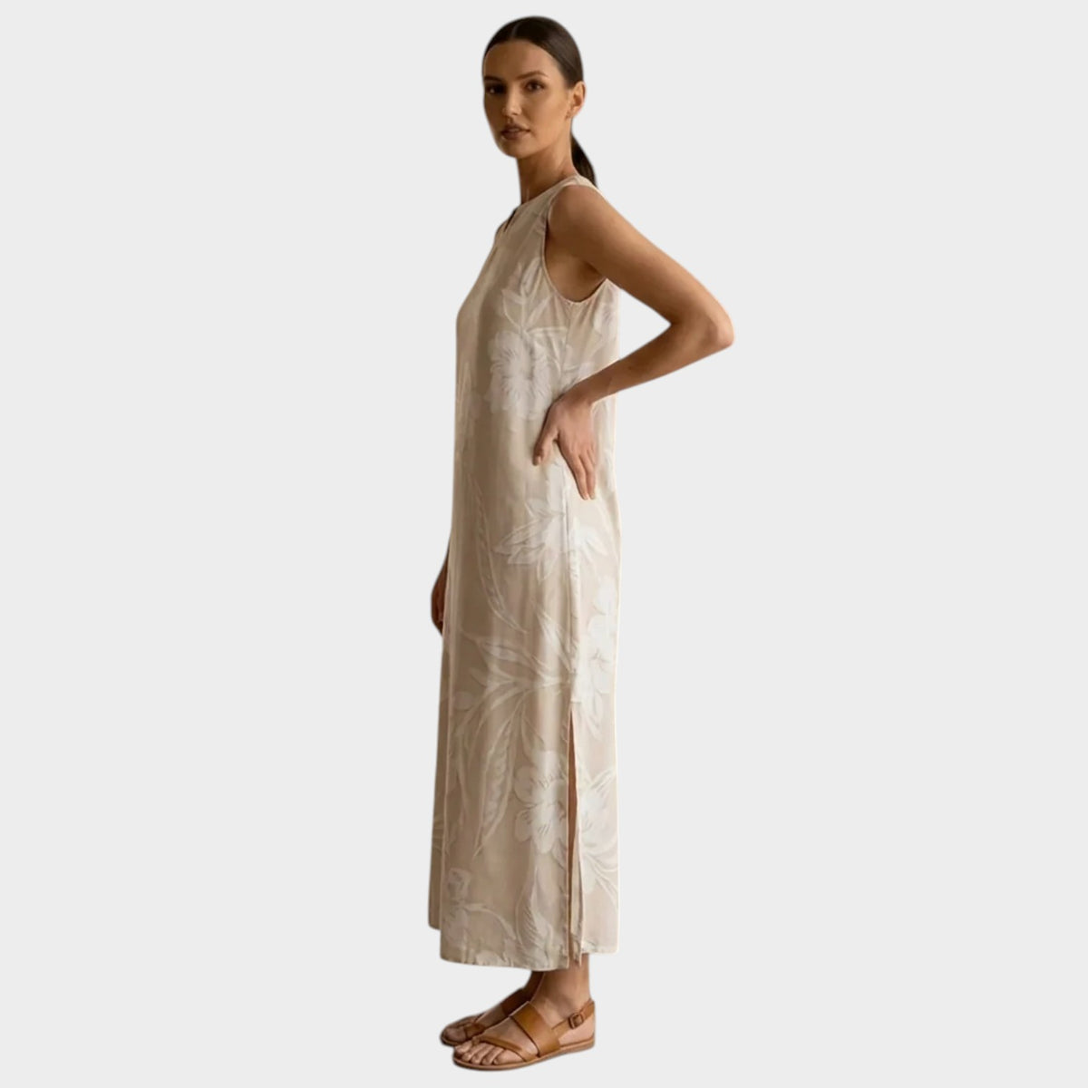 Women’s White Floral Maxi Dress Sleeveless Notch Neck A-Line