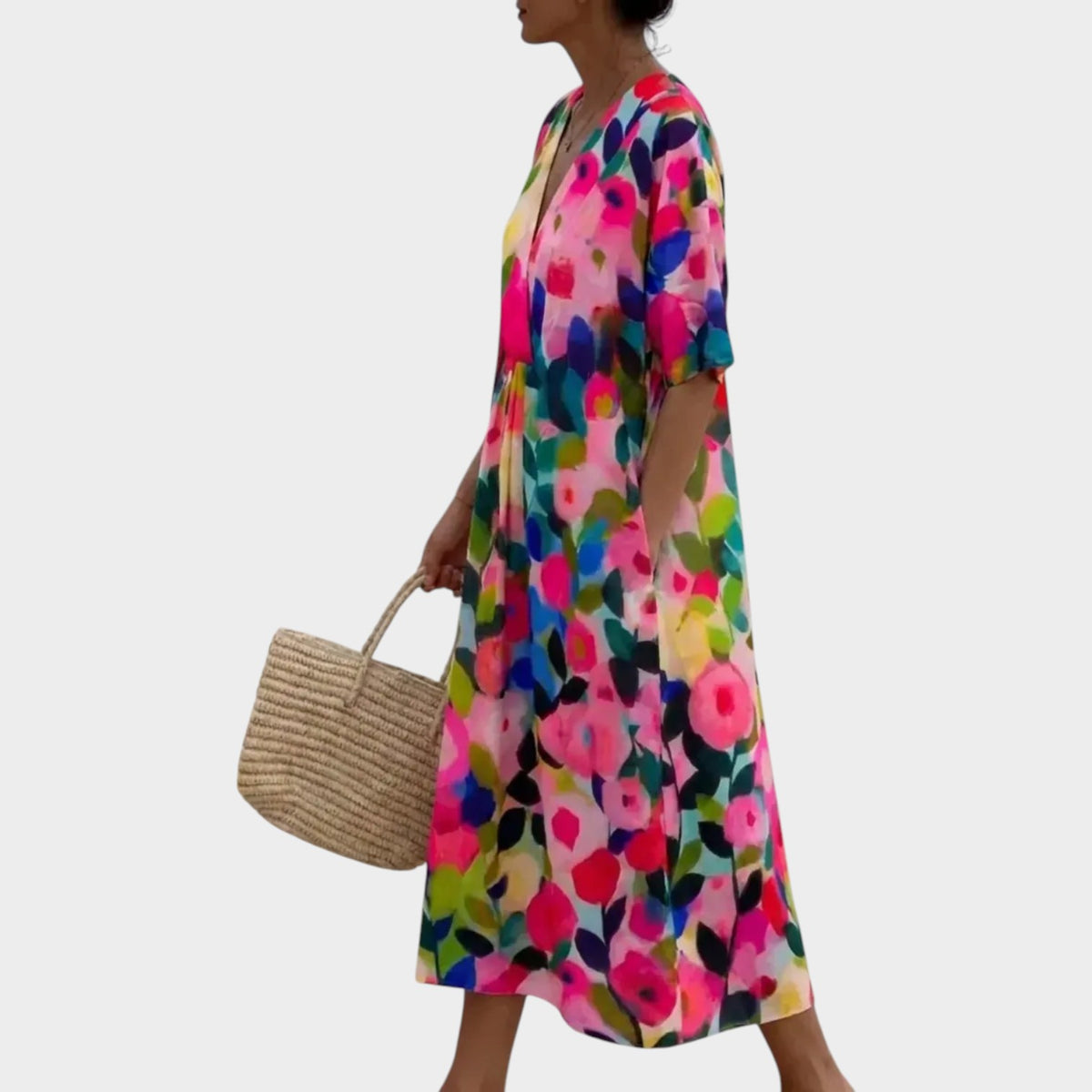 Women’s Floral Print Midi Dress with V-Neck and Short Sleeves