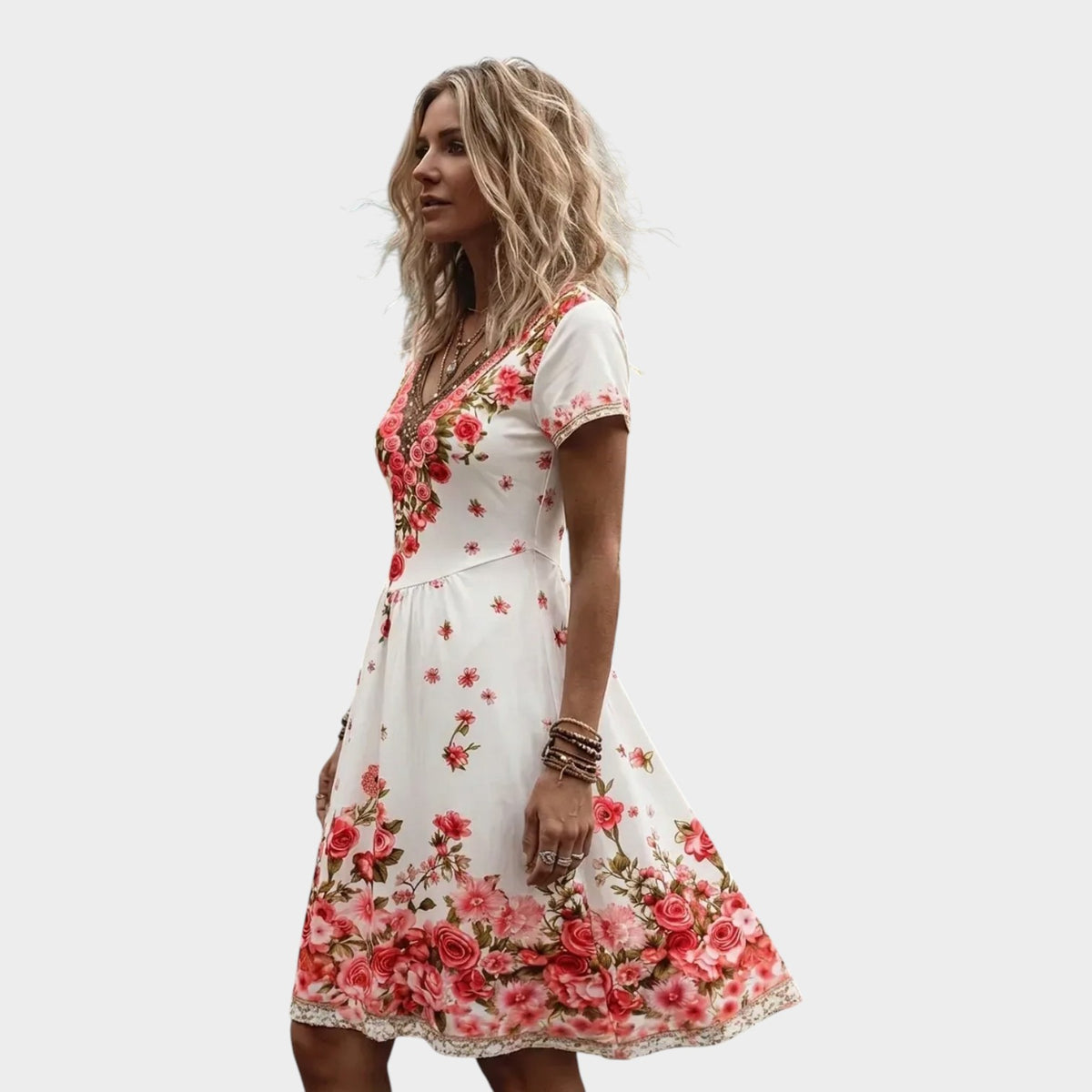 Women’s Floral V-Neck Midi Dress with Short Sleeves