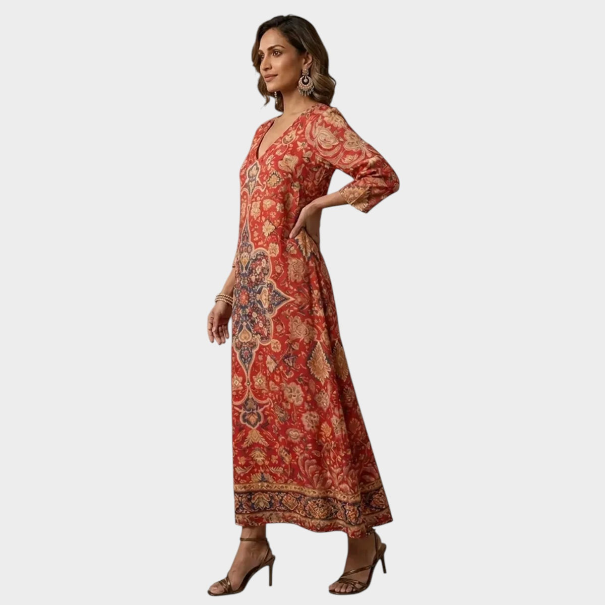 Women’s Floral Print Maxi Dress with V-Neck and Three-Quarter Sleeves