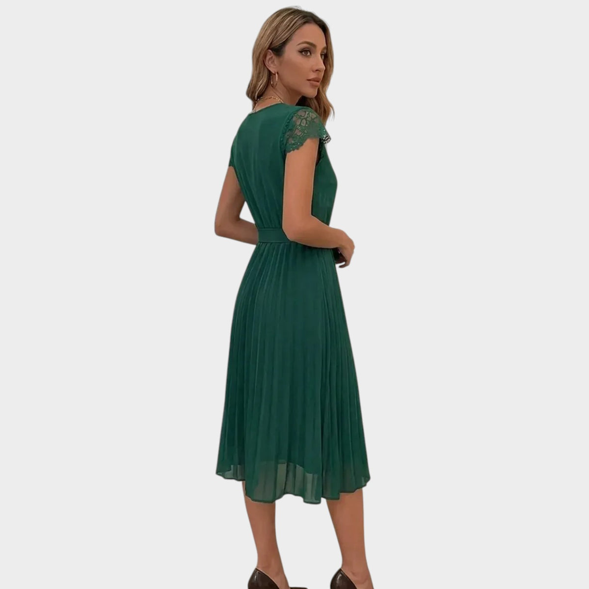 Women’s V-Neck Midi Dress with Lace Sleeves and Tie Waist