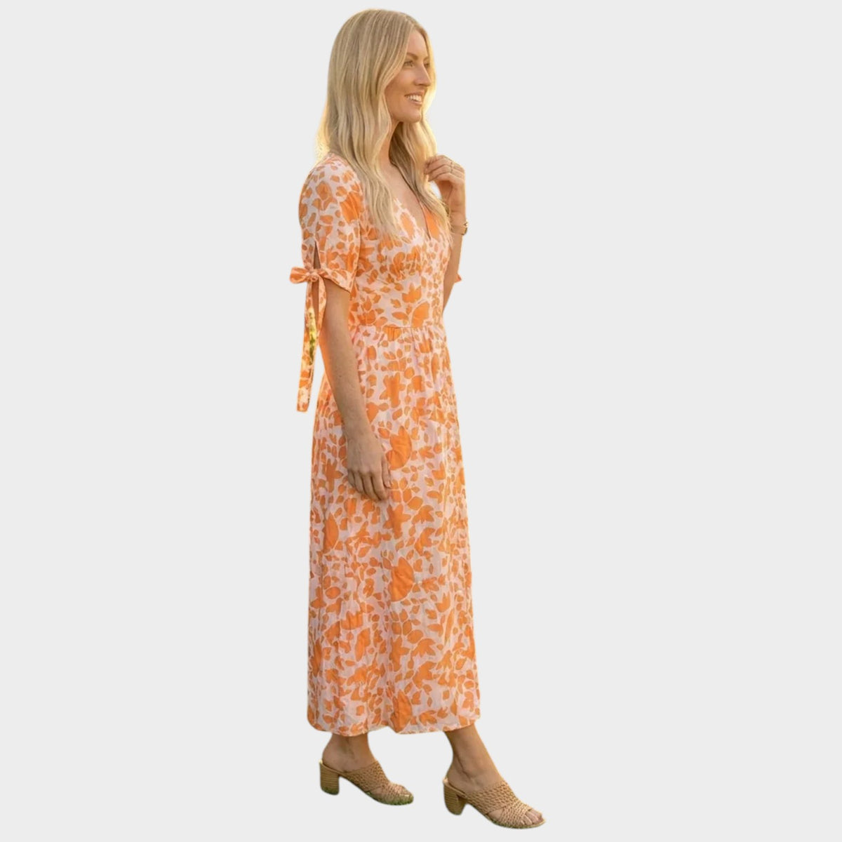 Women’s Floral Midi Dress with V-Neck and Short Sleeves