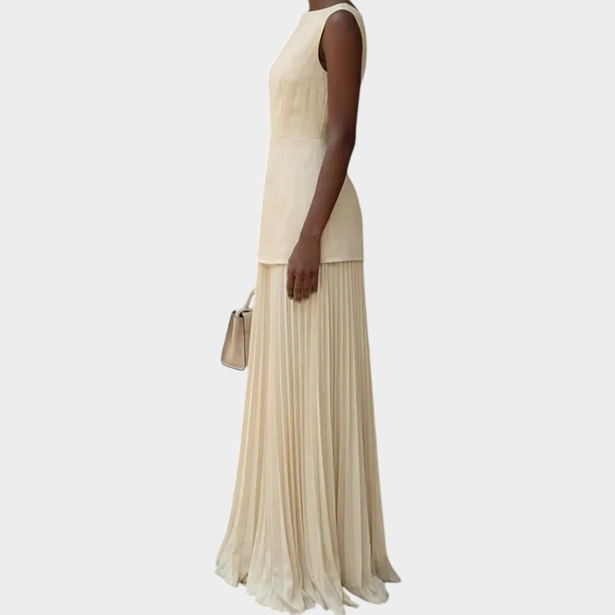 Women’s Sleeveless Maxi Dress with Structured Bodice and Pleated Skirt