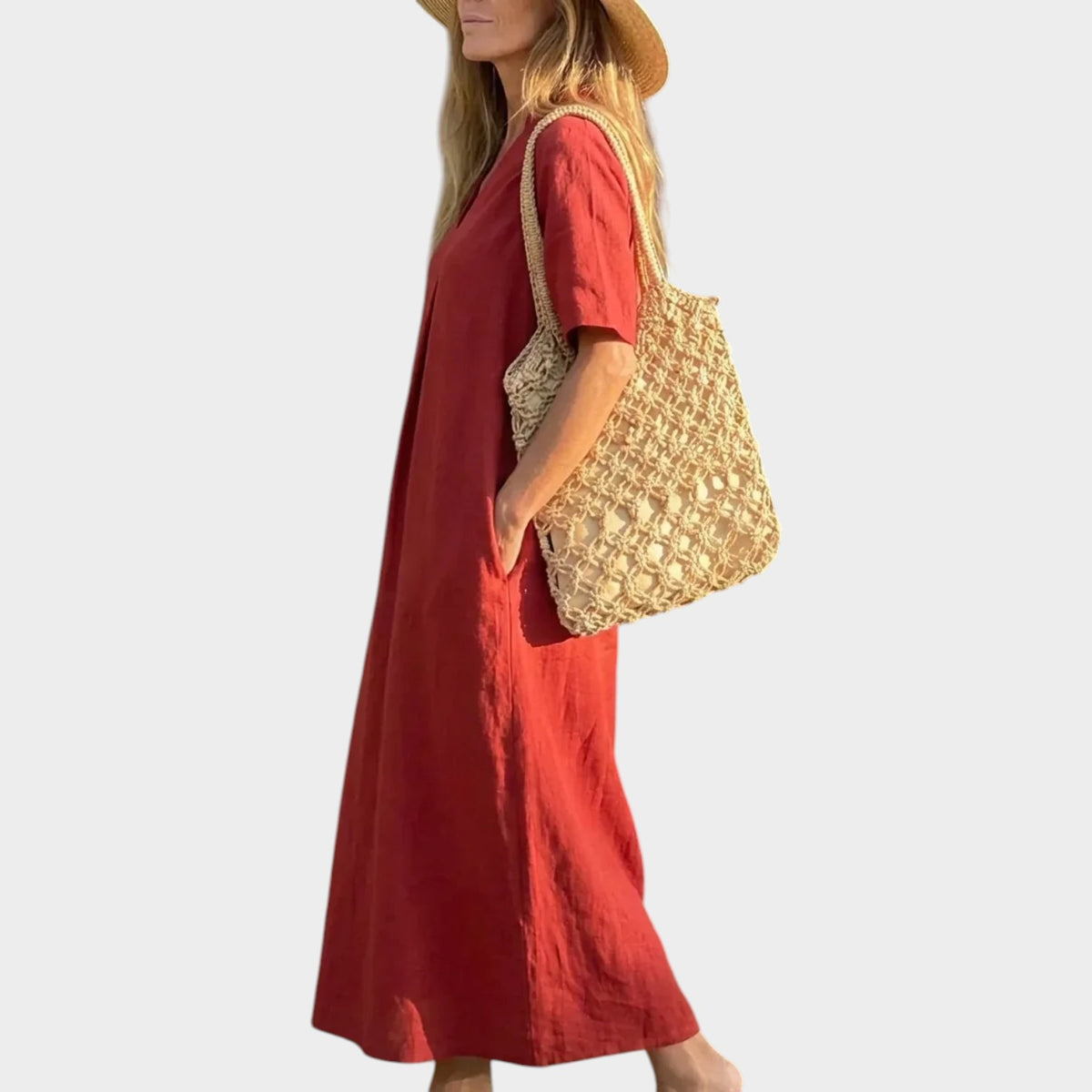 Women’s Cotton and Linen Maxi Dress with V-Neck and Short Sleeves