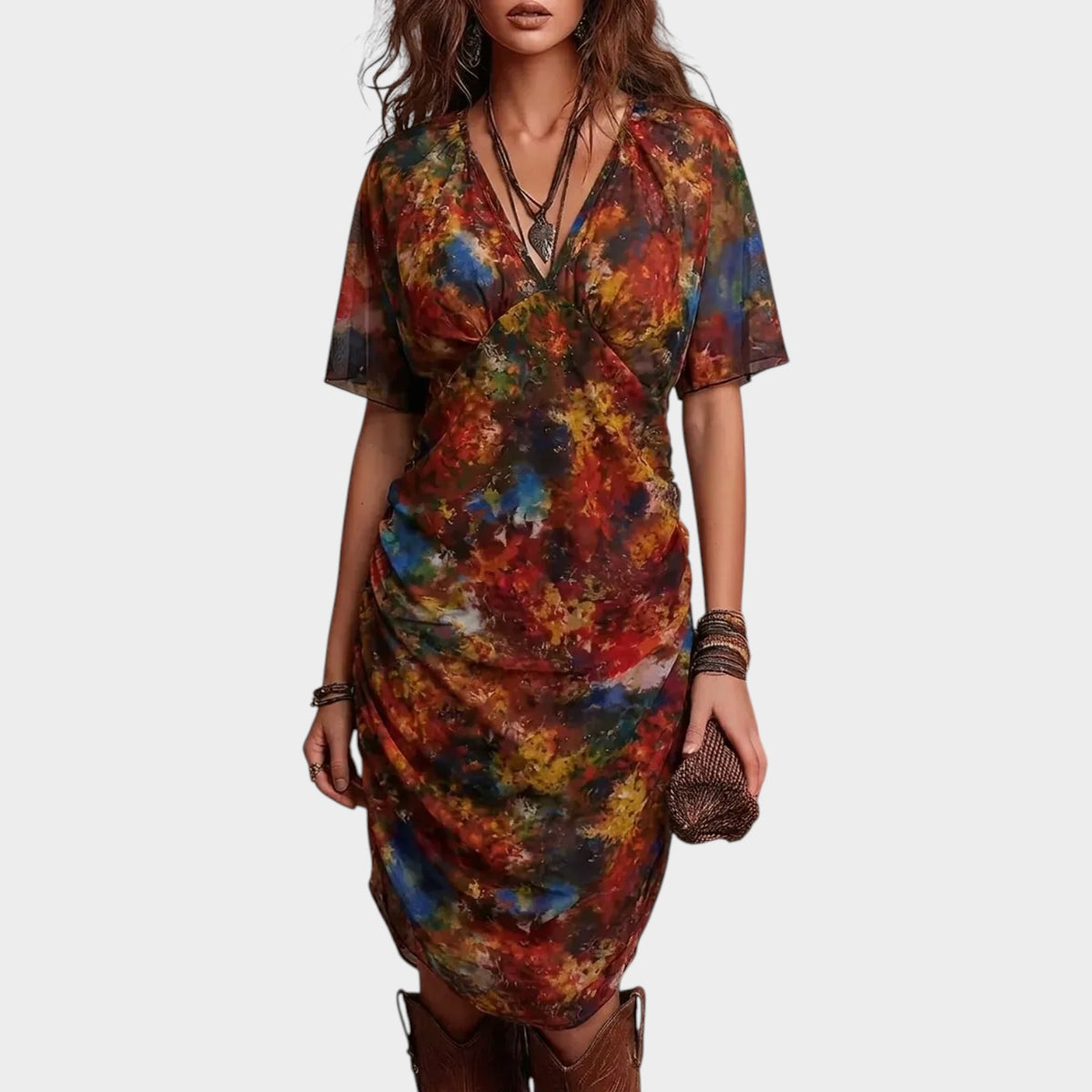 Women’s Abstract Print Midi Dress with V-Neck and Short Sleeves
