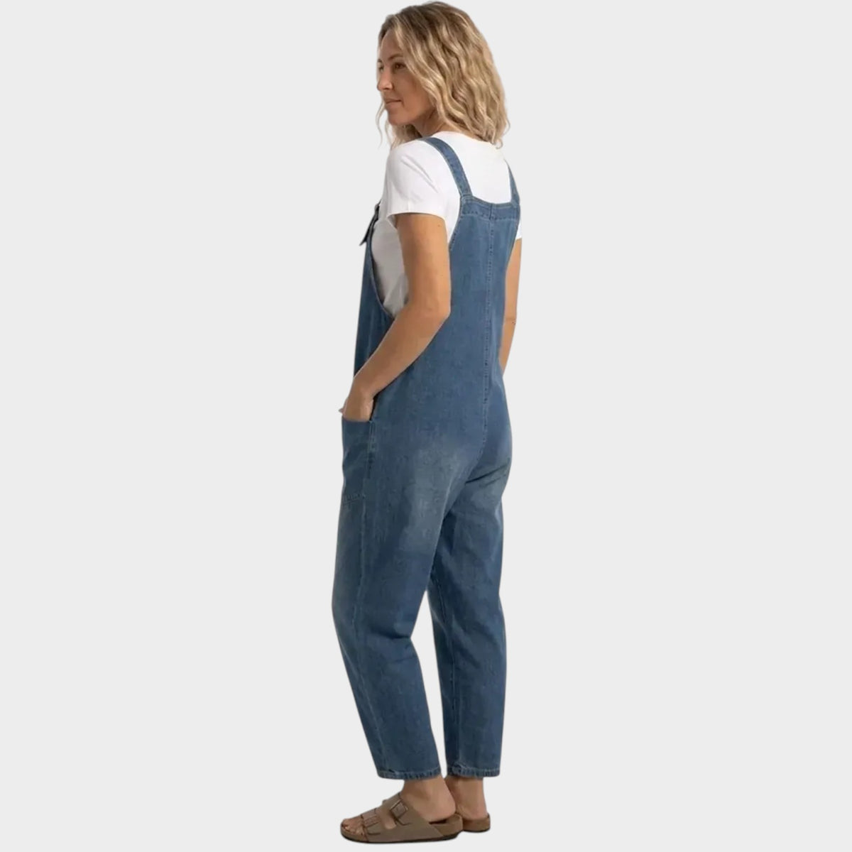 Women’s Denim Overalls Wide-Leg Adjustable Buckle Straps Front Pockets