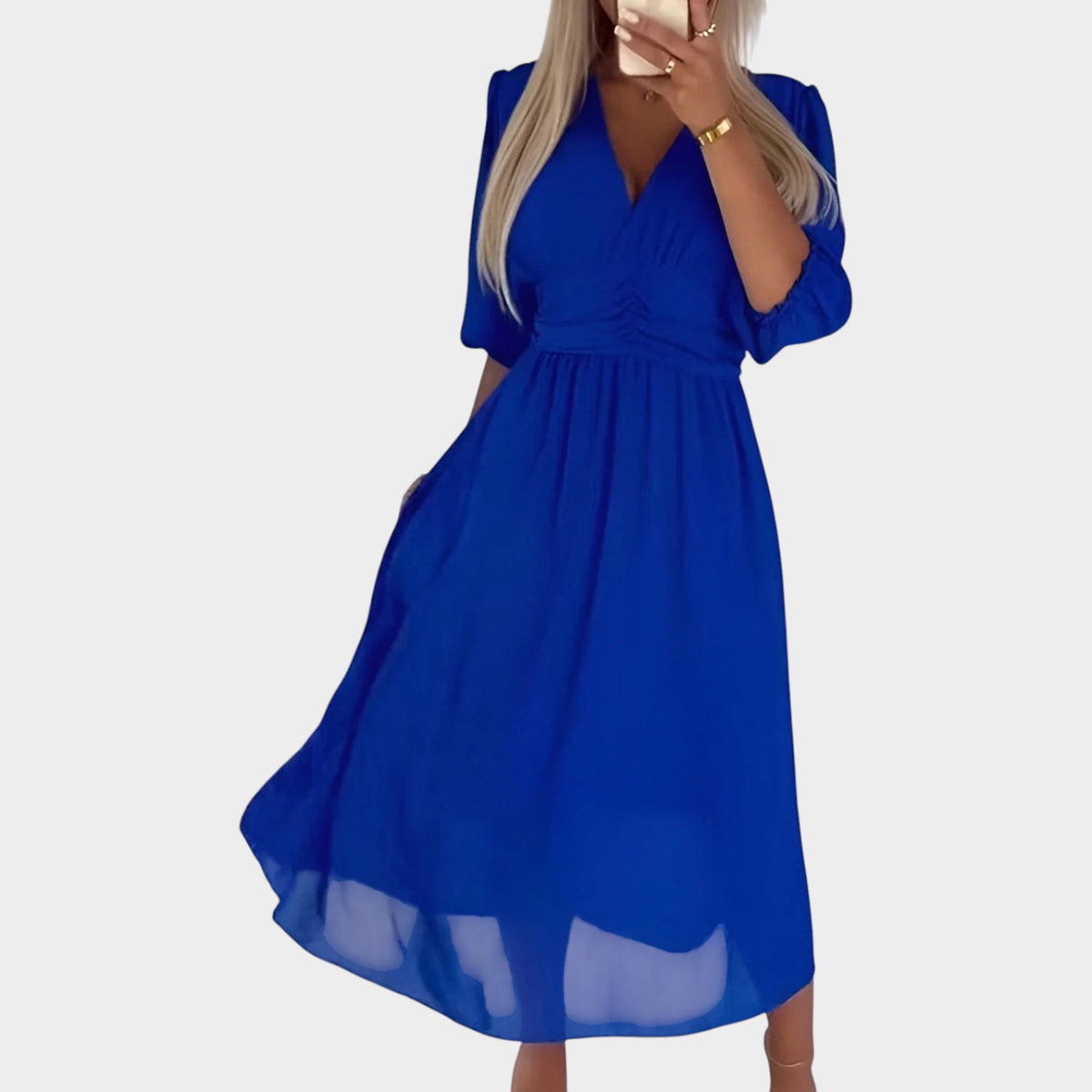 Women’s Chiffon Midi Dress with V-Neck and 3/4 Sleeves