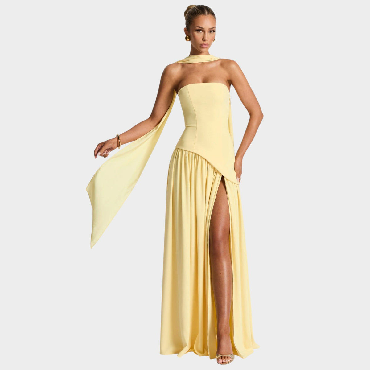 Women’s Strapless Maxi Dress with Corset Bodice and High Front Slit