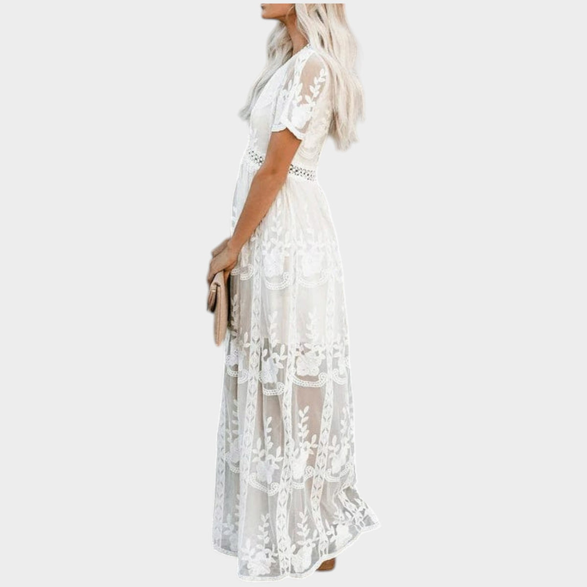 Women’s Lace Maxi Dress with V-Neckline, Short Sleeves and A-Line Skirt