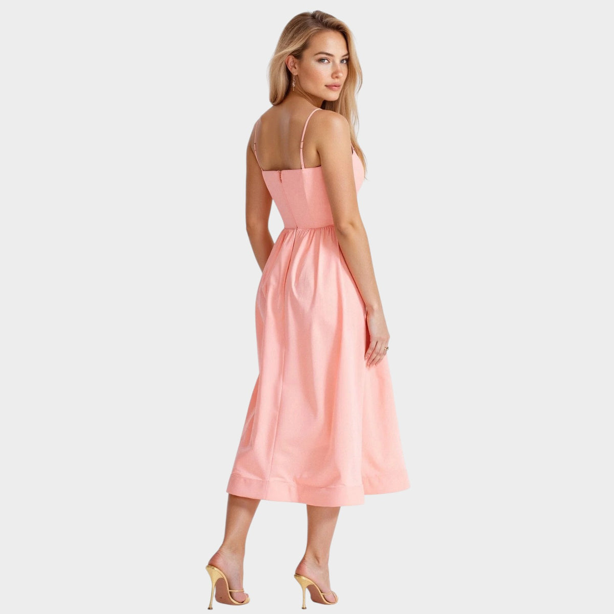 Women’s Sleeveless Midi Dress Square Neckline Flared Skirt