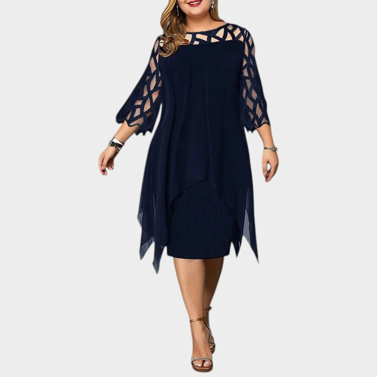 Women’s Plus Size Midi Dress with Cut-Out Sleeves and Asymmetrical Hem