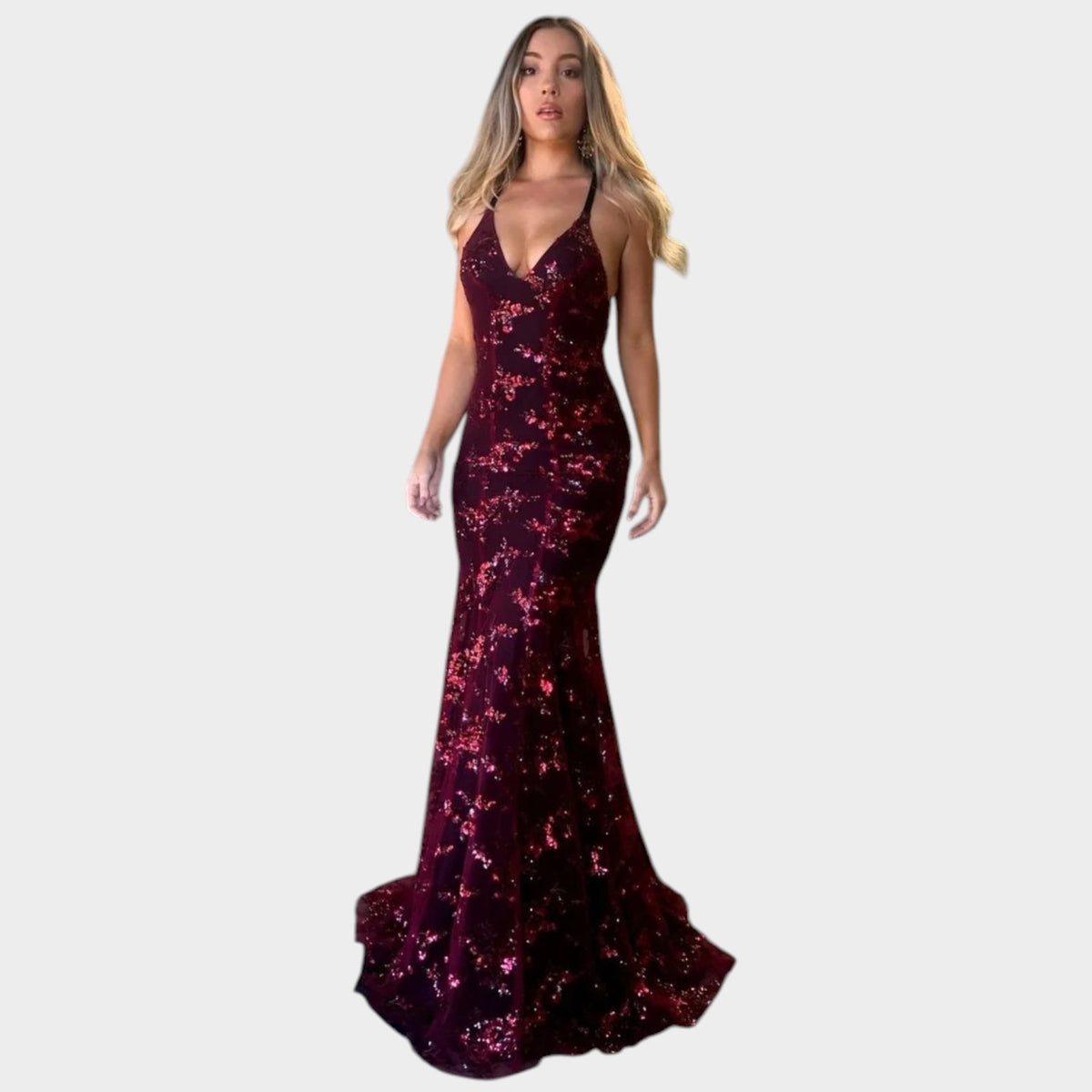 Women’s Sequin Evening Maxi Dress with V-Neck and Cross-Back Straps