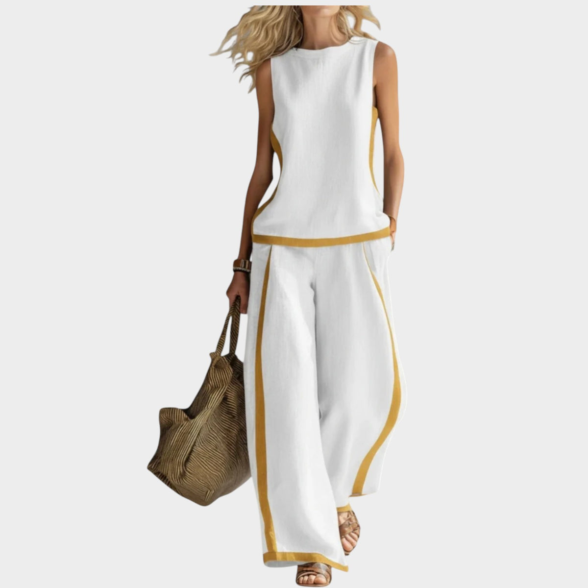Women’s Two-Piece Set Sleeveless Top Wide-Leg Trousers Contrast Trim