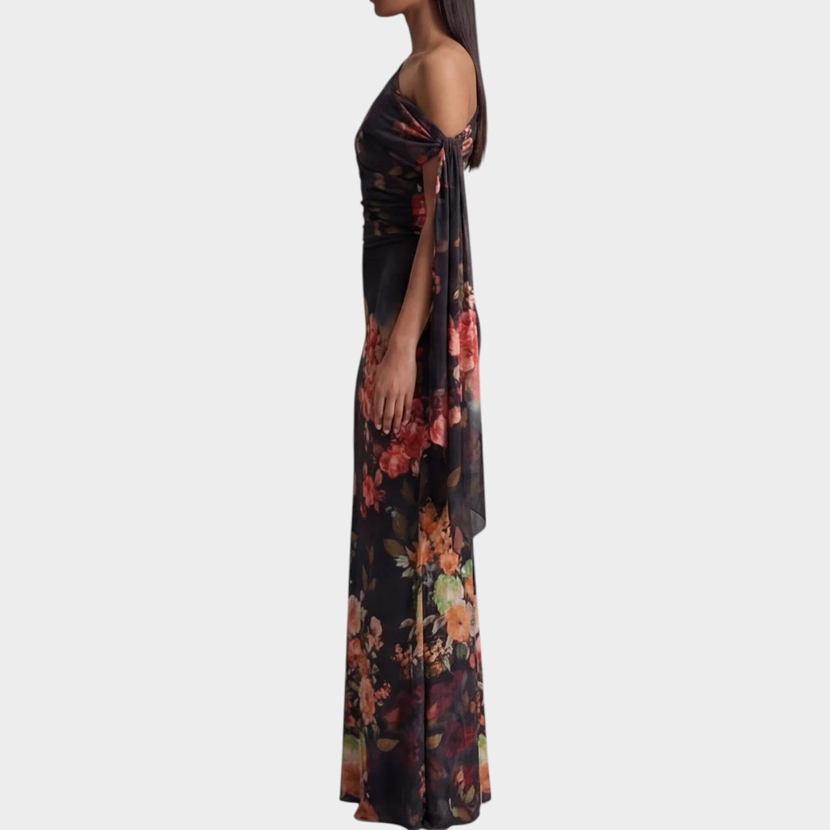 Women’s Floral One-Shoulder Chiffon Maxi Dress with Ruched Waist and Draped Detail