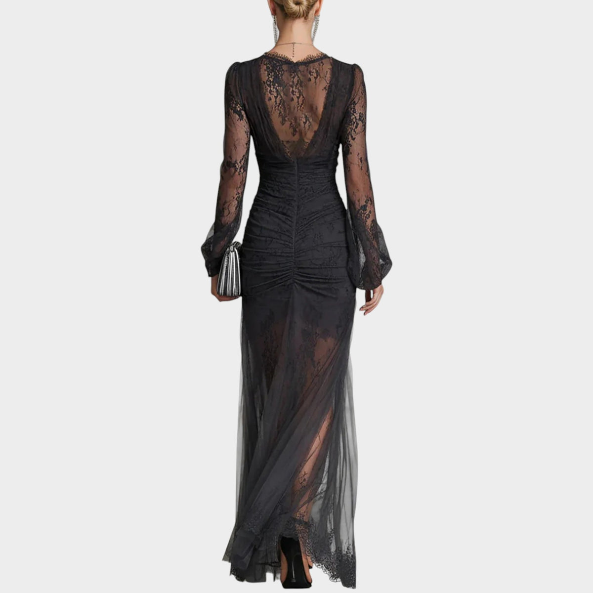 Women’s Lace Maxi Dress with Deep V-Neck, Long Sheer Sleeves and Thigh-High Slit