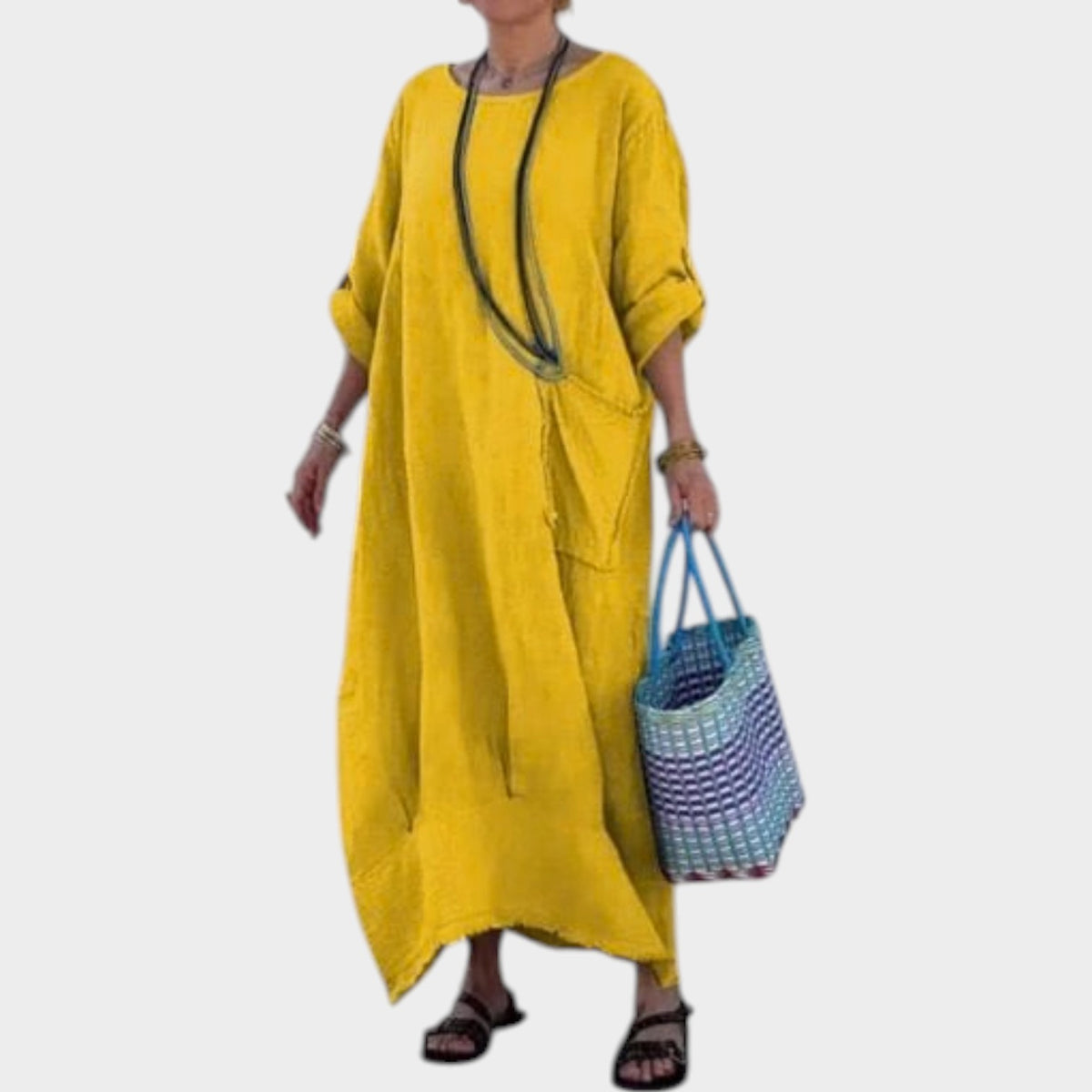 Women’s Oversized Maxi Dress with Rolled Sleeves and Side Patch Pocket