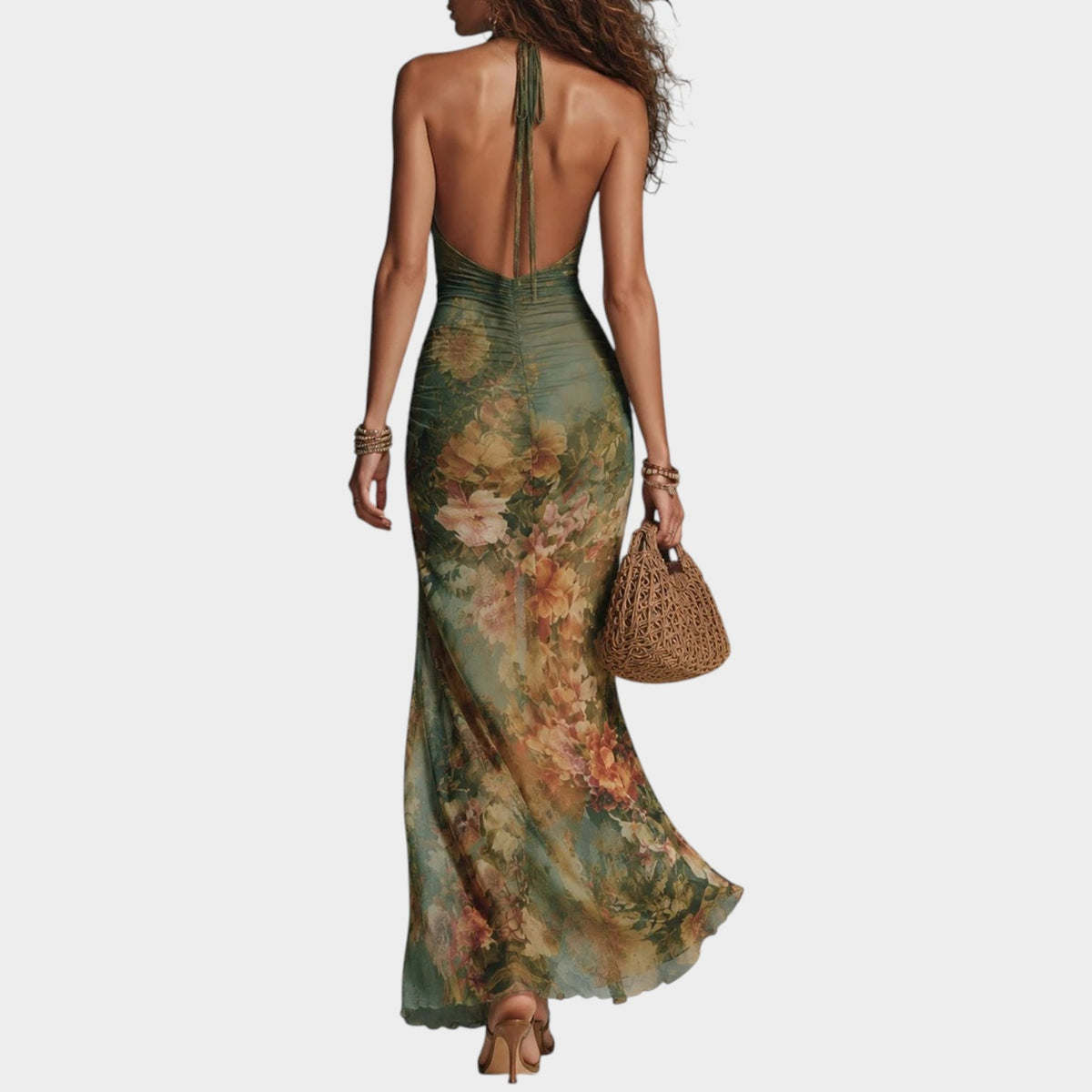 Women’s Floral Print Maxi Dress with Halter Neck and Mesh Overlay